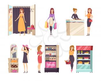 Shopping female in changing room ladies set vector. Dress wearing, choosing hat and buying jewelry accessories at store. Food and cosmetics stand