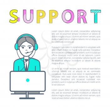 Support center poster with woman in headset receiving calls vector. Representation of telemarketing company, female receptionist on duty works at computer