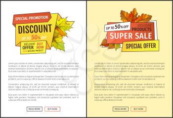 Vector autumn sale coupon, yellow foliage. Special promotion discount on Thanksgiving day, exclusive offer buy natural product posters with maple leaves
