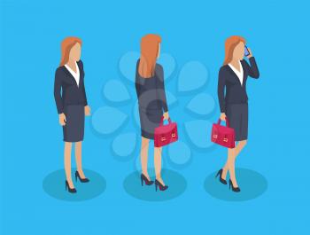 Woman businesslady icons set. Counselor talking on phone businesswoman carrying briefcase with papers. Business work of female isolated on vector