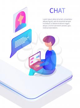 Chat teenager girl profile on poster with text sample vector. Teenage male person talking to woman of his age. Laptop online communication with people