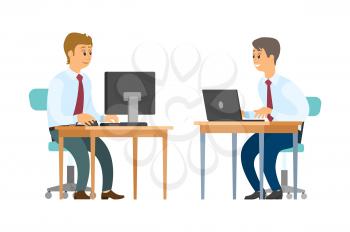 Business workers with computer and laptop at desks vector. Men in shirts with ties, clerks and employees, businessmen or entrepreneurs, financial report