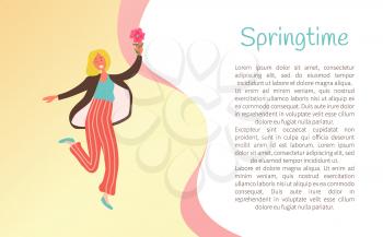 Woman going skipping with flower, smiling girl holding blossom, wearing casual clothes. Springtime postcard or webpage, attractive person and plant vector
