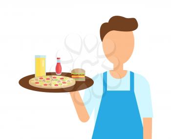 Servant with pizza and snacks vector. Man professional wearing apron holding Italian food and burger with sauce, juice in glass. Serving of restaurant