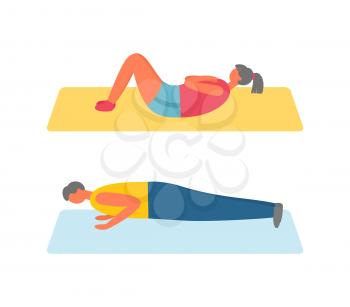 People pumping muscles on mat, performing exercises on floor, side view of people in sportwear, strong girl and boy exercising, sporty lifestyle vector