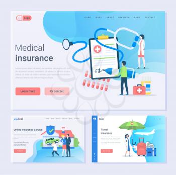 Medical and travel insurance and online service, safety set vector. House, car and family safe, doctor with contract of clipboard, paper with contract. Website or webpage template, landing page flat style