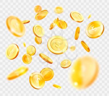 Gold coins vector, money falling down, American currency isolated on transparent background, finances and assets, wealth and richness, big capital