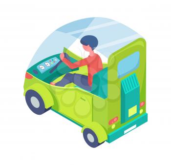 Ecological advancement vector, person driving etransport isolated man in car. Ecologically friendly vehicle with glass and clear design, green automobile