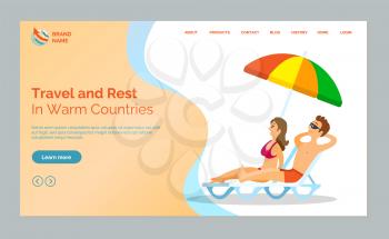 Travel and rest in warm countries vector, man and woman spending vacation at beach, summertime holidays and relaxation. People wearing bathing suits. Website or webpage template, landing page flat
