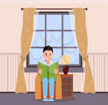 Man with book at home vector, person having calm day. Room interior, chamber with armchair and drawers, lamp and curtains on big window, large apartment
