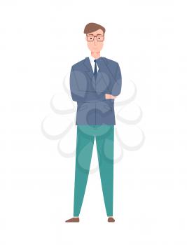 Male wearing rich suit vector, businessman standing in confident posture, powerful and influencing male in formalwear with glasses, spectacles of man