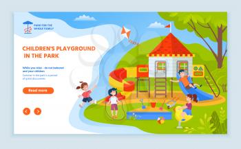 Childrens playground vector, kids playing together and spending weekends and free time. Boys and girls relaxing at park with trees fresh air. Website or webpage template, landing page flat style