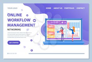 Online workflow management vector, woman with laptop and information in visual representation. People working on analytics and analysis online. Managers analyze informations from website on monitor