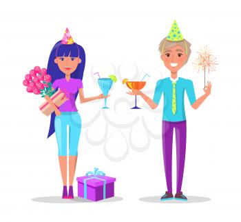 Birthday party, wan and woman, gift boxes and tulip bouquet vector. Cocktails with straw and festive hats, sparkler in guy hand, woman holding flowers