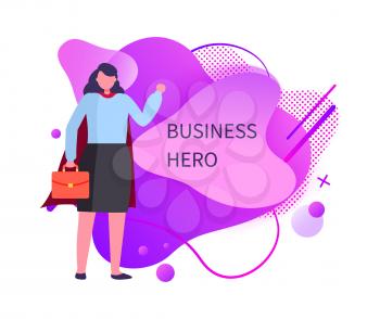 Business hero vector, person working in company saving project, businesslady holding briefcase with papers and documents, reports abstract design