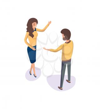 Business discussion of man and woman vector. People working in team work, thinking of strategy. Businessman and businesswoman talking isometric 3d