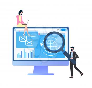Man holding big loupe near monitor with open web page, sitting woman using laptop for distance working. Modern gadgets and people search flat vector