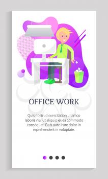 Office work vector, man busy with working tasks writing info on papers and throwing in rubbish bin. Blonde worker smiling person wearing tie. Website slider app template, landing page flat style