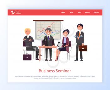 Man and woman partners on conference vector, business discussion and brainstorming, male and female on seminar, meeting of partners talks. Website or webpage template, landing page flat style