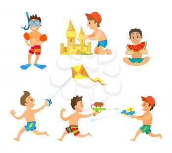 Summer activity set of boys playing water game, running with kite, eating watermelon, making sand castle and wearing underwater equipment isolated vector