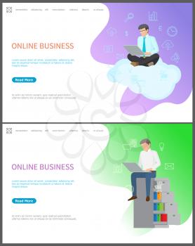 Online business people busy with work web pages with text sample and information vector. Businessman with laptop, sitting on cloud global network