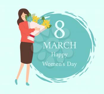 Vector female with blooming celebrate international spring holiday. 8 march womens day greetings and business woman in blouse and skirt with bouquet of flowers
