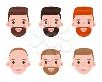 Character faces vector, isolated icons of person with different hair colors. Brunette and redhead male with beards, variety of hairstyles flat style