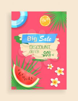 Big sale, discount offer vector shaped ribbon, leaflet sample. Watermelon and orange pieces, inflatable ring and exotic flower, palm leaves pattern