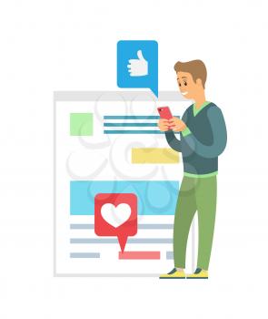 Blogger using phone vector, social media communication. Person with smartphone checking likes, thumbs up and hearts. Posting and reading news feed