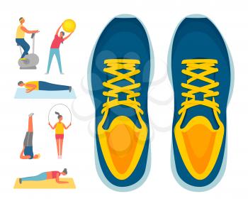 Sport and exercise, sport footwear or sneakers and fitness vector. Exercise bike and bending over with ball, push-ups and aerobics, plank and jumping rope