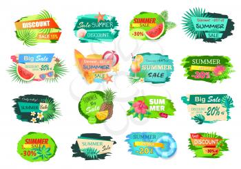 Summer big sale banners set. Posters with leaves of trees, cocktails and fruits. Watermelon and pineapple, surfing board and volleyball ball vector