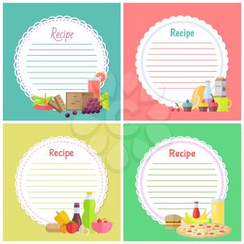 Recipe vector, empty banner with ingredients, cake and bottle of juice, potato and tomato, hamburger and pizza, cherry and grapes fruits vegetables