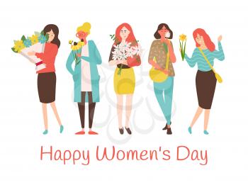 8 March holiday, vector smiling caucasian mothers with blossoms, lovely girls. Happy womens day greeting card with cartoon ladies holding flower bouquets.