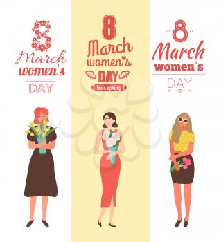 Womens day with girls holding spring bouquets and smiling. Emotional people girls with roses and pink or yellow tulips, 8 March posters vector with lettering