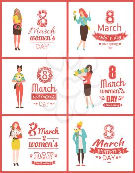Greeting postcards on 8 March with happy women with flowers as gifts isolated. Vector lettering greetings with international holiday and cartoon ladies