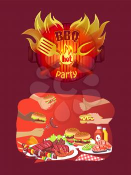 BBQ party logo in flame, hands hold grill food. Hamburgers and hot dog, fresh sandwich with beef steaks, roasted salmon, sausages vector illustration.