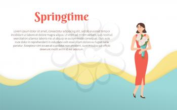 Springtime poster 8 march greeting, female holidays. Happy girl holding bouquet vector, woman wearing elegant clothes, person standing with white roses