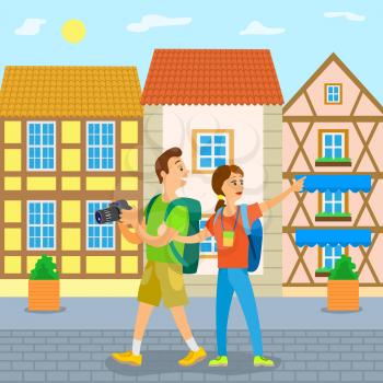 People on vacation vector, couple traveling together, walking along old city streets. Summer holiday, relaxation and sightseeing. Buildings design