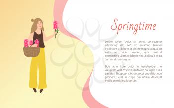 Woman holding basket of pink flowers, girl full length view with blossom, female in casual clothes in springtime, standing model papercard vector