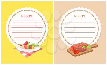 Recipe menu mockup with food ingredients on plate or wooden board. Vector kebab with vegetables, grilled meat and sausages and tomatoes with red pepper