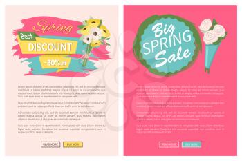 Sale, discount and best offer, label for springtime promotion and advertising, daisy bouquet. Advertisement decorated by flowers, greeting for ladies vector. Website with links buy and read now