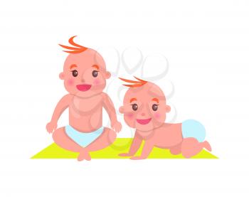 Children sitting on mat, poster with kid crawling and smiling and child wearing diaper on carpet, vector illustration isolated on white background