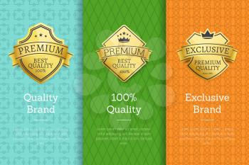 Brand 100 quality exclusive guarantee premium golden labels sticker awards, vector illustration certificates posters isolated on color background