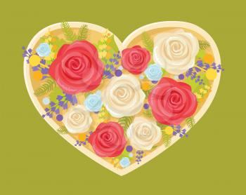 Bouquet of flowers in heart, blooming red and white roses, leaves and other elegant plants put together in shape isolated on vector illustration