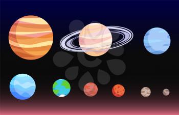 Planets collection, poster with set of celestial objects, Neptune and Mars, Earth and Mercury, Moon and Pluto, vector illustration isolated on black