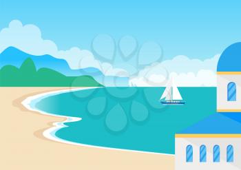 View on beautiful sandy beach and cute seascape, vector illustration with calm sea, beige sand, house with blue roof, small boat with white sails
