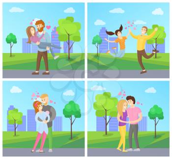Boy and girl hugging with hearts showing love and passion, merrily jumping vector in green park, city area landscape trees and bushes posters set