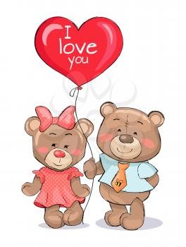 I love you heart shape balloon in hands of cute teddy-bears lovers vector illustration of toys symbols of love, gifts for Valentines day isolated