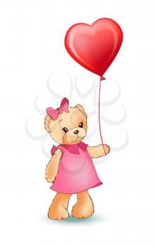 Female teddy bear holding red balloon in shape of heart in paws, fluffy character wearing dress and bow, vector illustration isolated on white