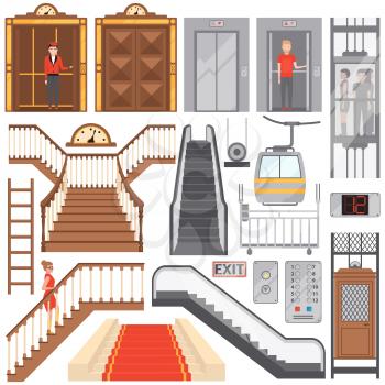 Modern elevators made of glass and metal, electric staircases and luxurious wooden covered with carpet isolated cartoon flat vector illustrations set.